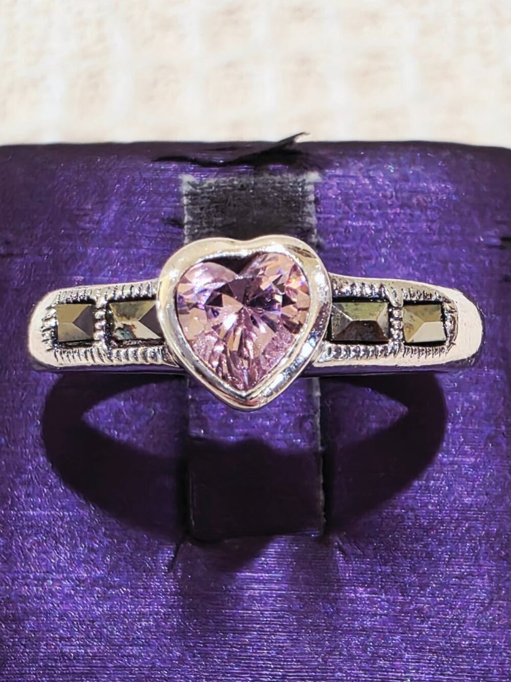 Vintage Bezel Set PINK Heart Solitaire Marcasite Sterling Silver Ring